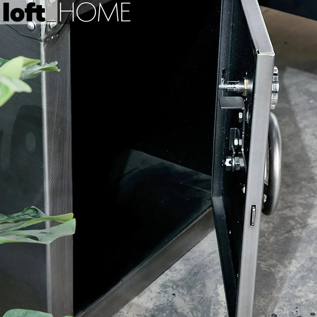 Industrial metal side table hatch wheel detail 6.