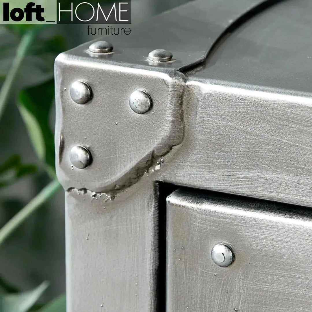 Industrial metal side table hatch wheel detail 7.