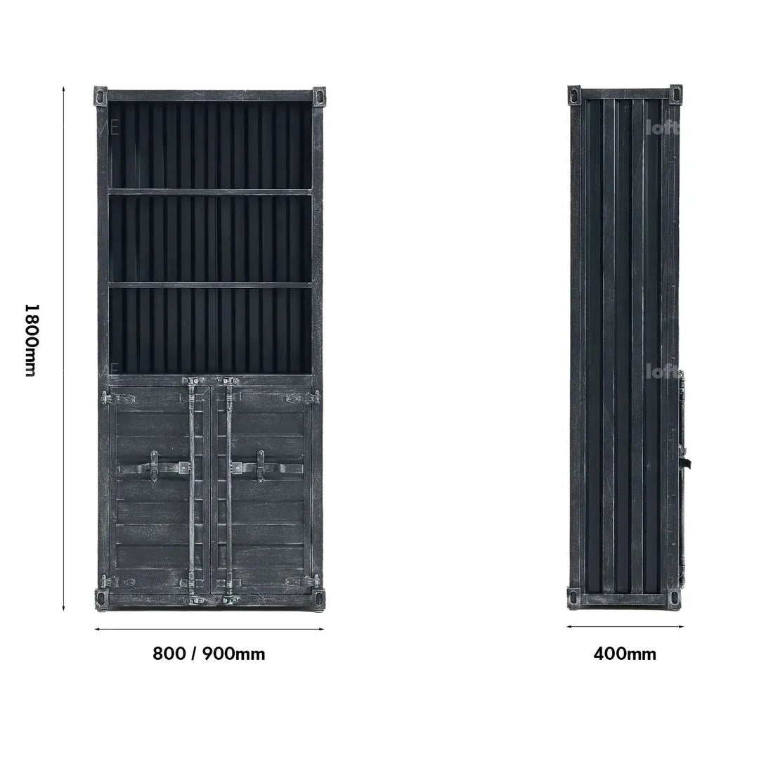 Industrial metal storage bookshelf container size charts.
