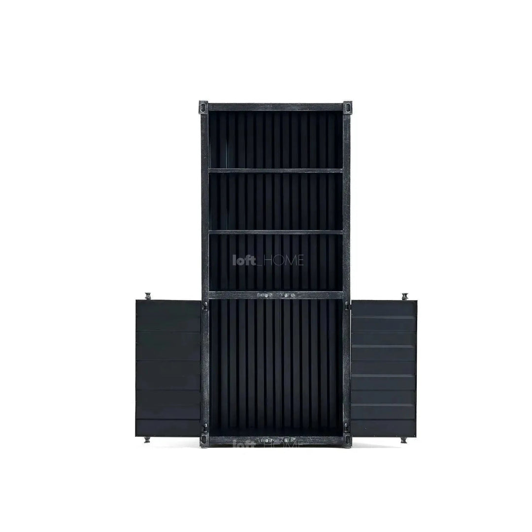 Industrial metal storage bookshelf container in panoramic view.