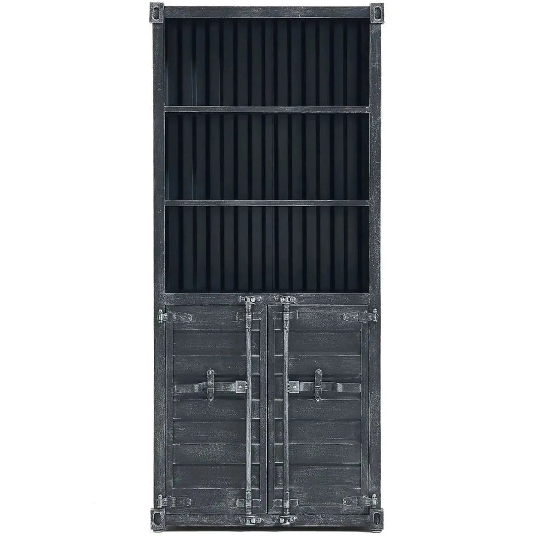 Industrial metal storage bookshelf container in white background.