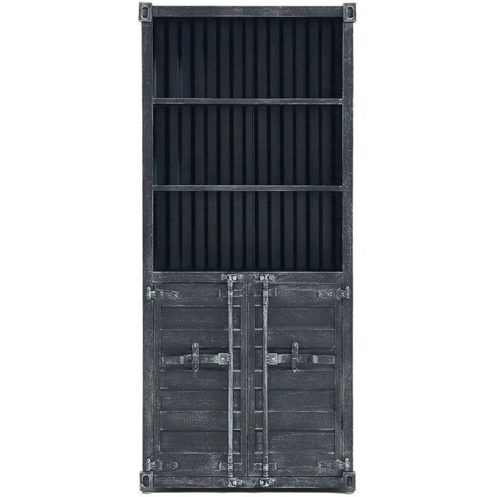 Industrial metal storage bookshelf container in white background.