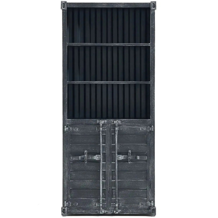 Industrial metal storage bookshelf container in white background.