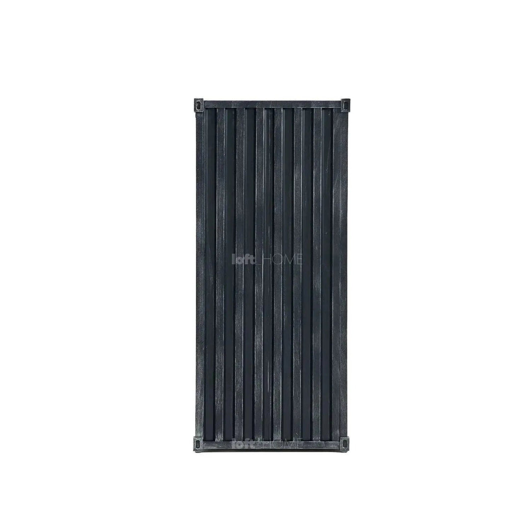 Industrial metal storage bookshelf container in close up details.