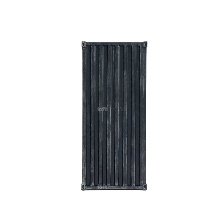 Industrial metal storage bookshelf container in close up details.