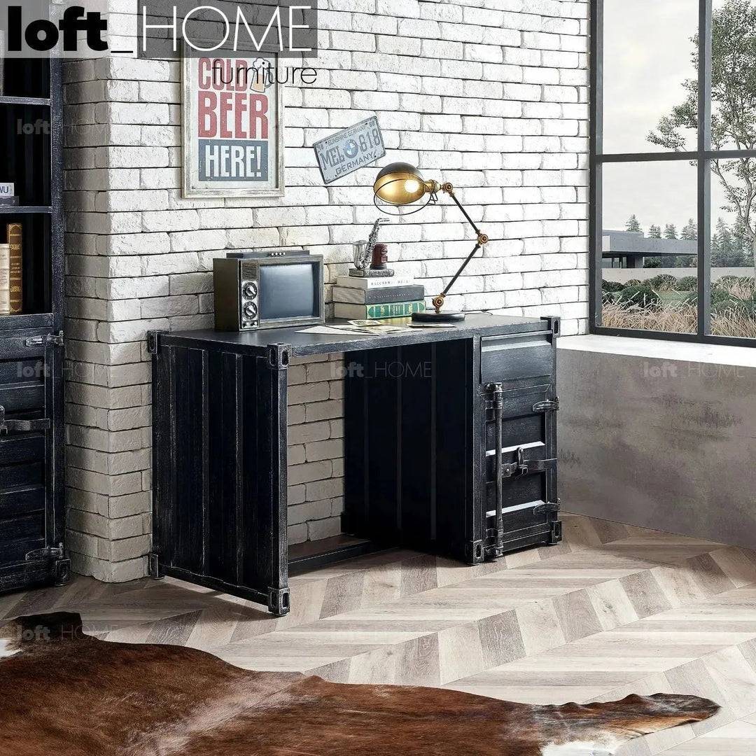 Industrial metal study table container in real life style.