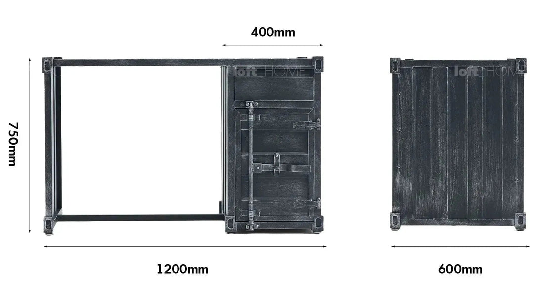 Industrial metal study table container size charts.