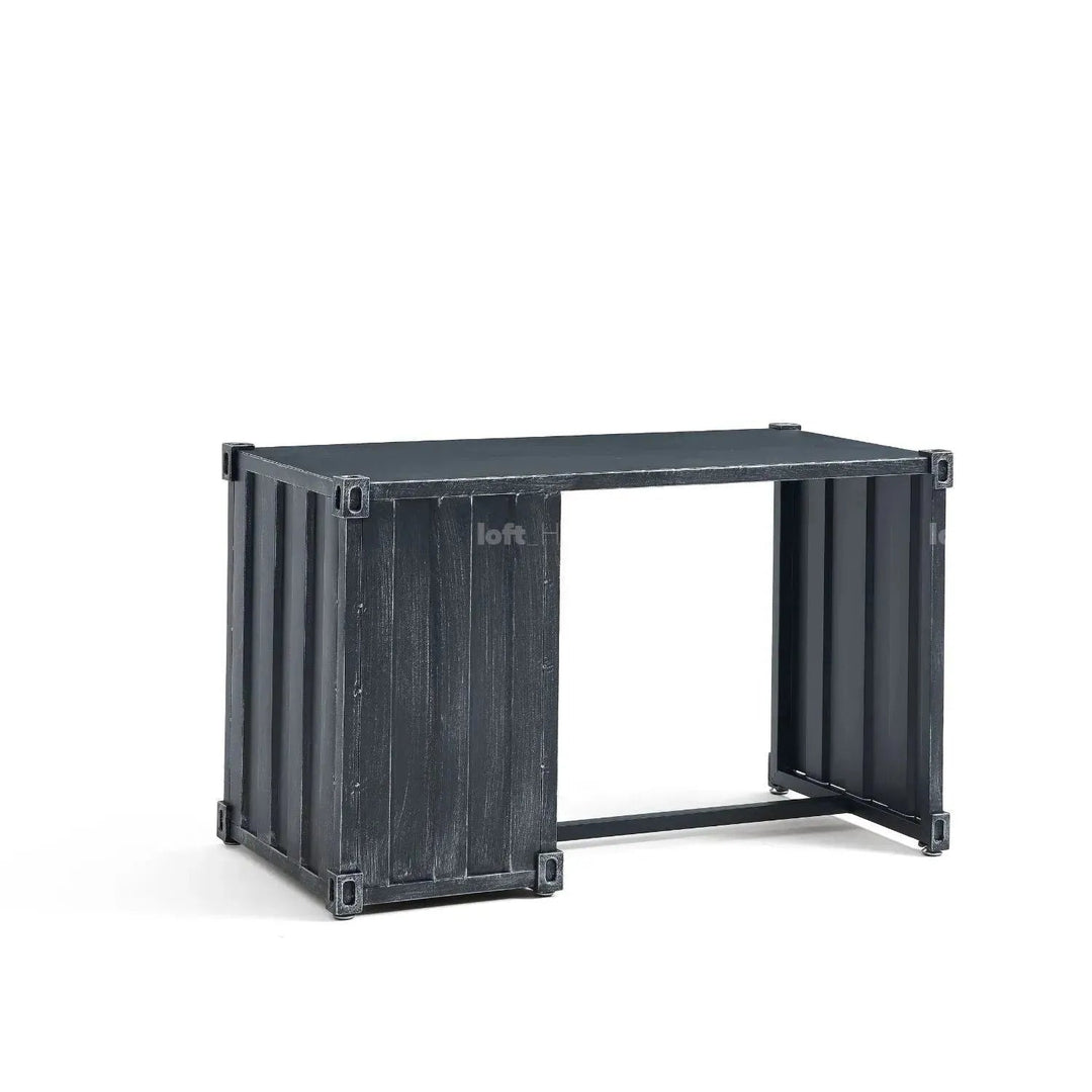 Industrial metal study table container in still life.