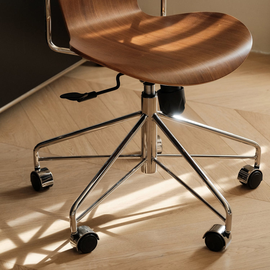 Industrial plywood study chair seven in panoramic view.