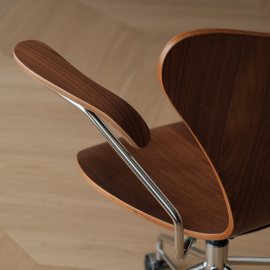 Industrial plywood study chair seven in still life.