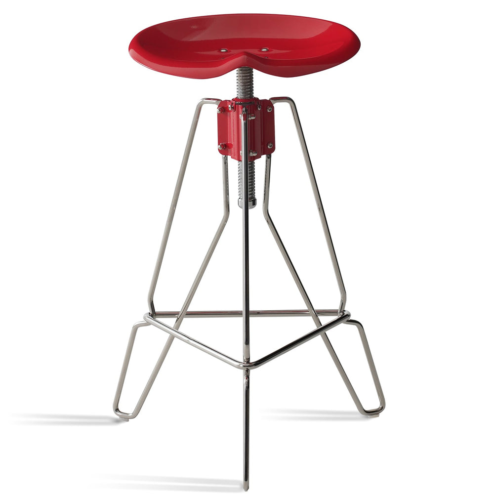 Industrial steel height adjustable bar chair spool in white background.