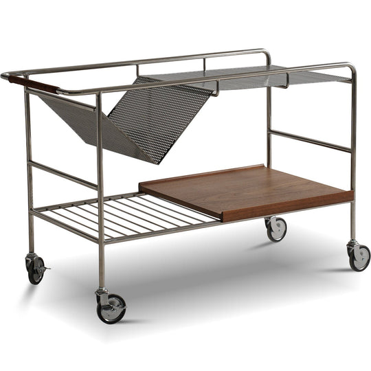 Bauhaus steel wheeled trolley side table manda in white background.