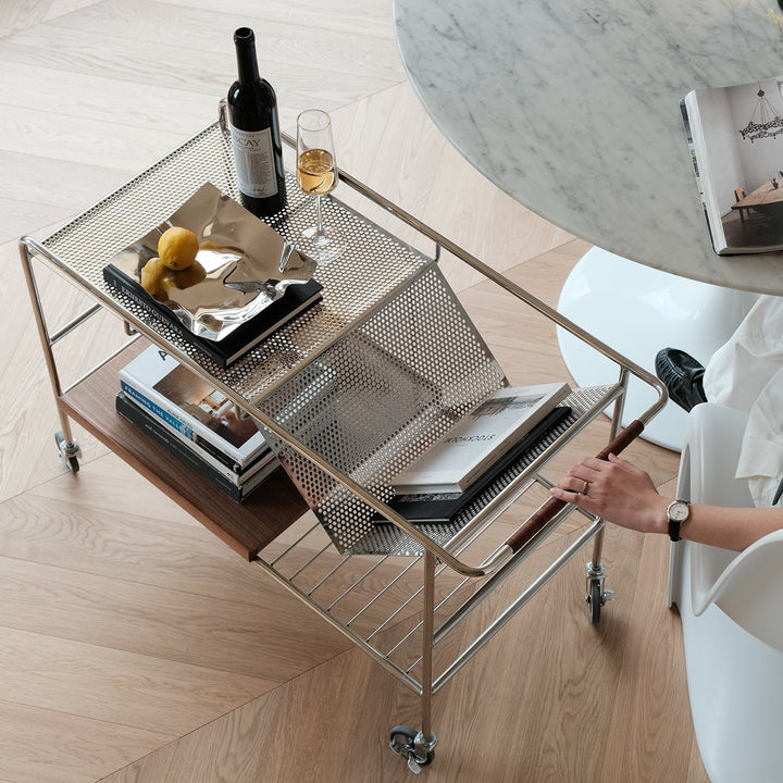 Bauhaus steel wheeled trolley side table manda color swatches.