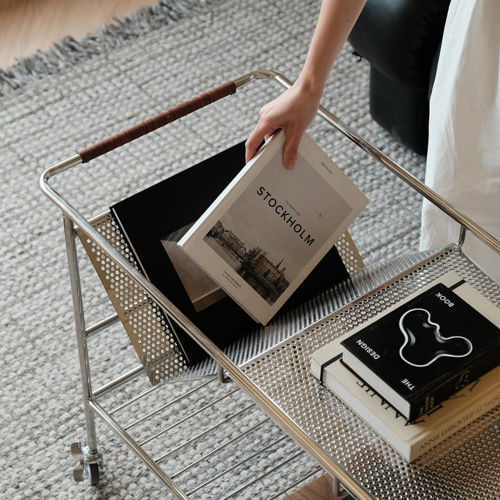 Bauhaus steel wheeled trolley side table manda material variants.