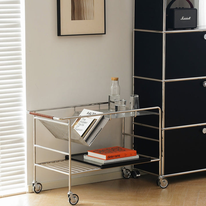 Bauhaus steel wheeled trolley side table manda in close up details.