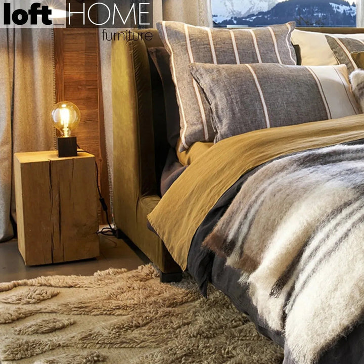 Rustic wood side table root in details.