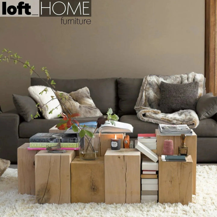 Rustic wood side table root in panoramic view.