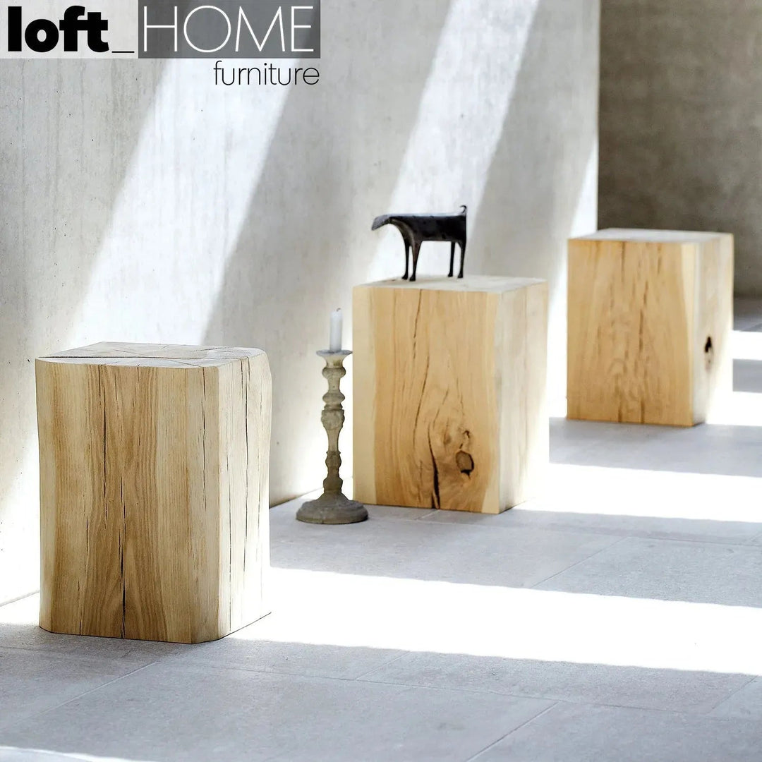 Rustic wood side table root with context.