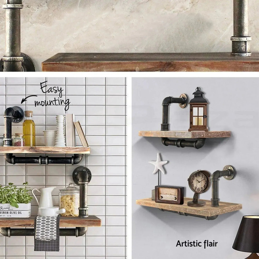Industrial Wood Wall Shelf 2pcs Set PIPE