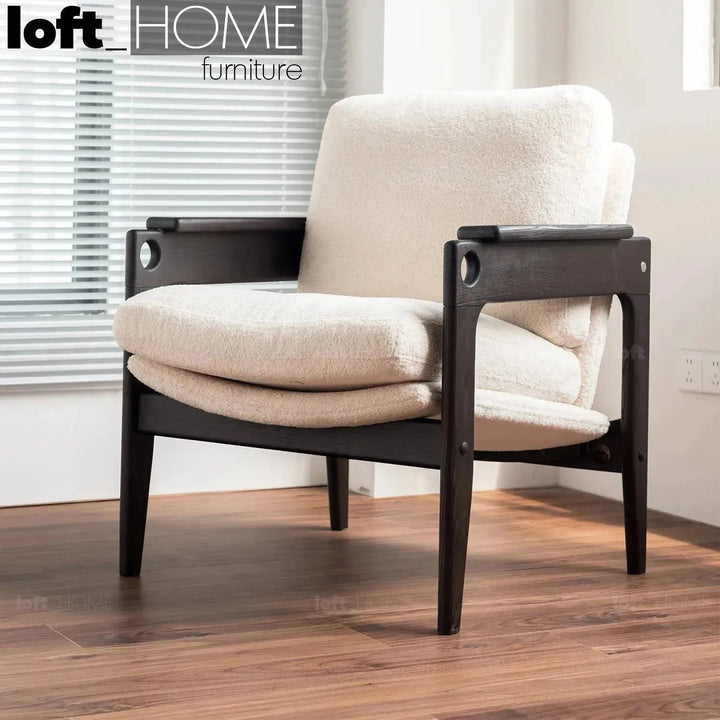 Japandi boucle fabric 1 seater sofa mview primary product view.