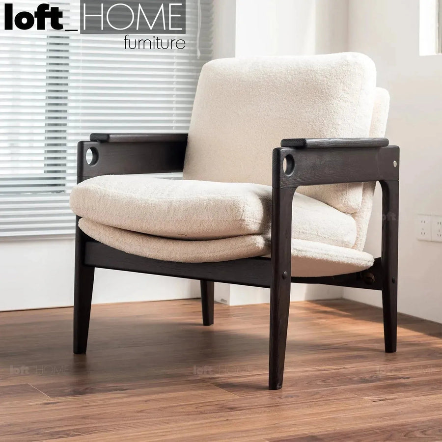 Japandi boucle fabric 1 seater sofa mview primary product view.