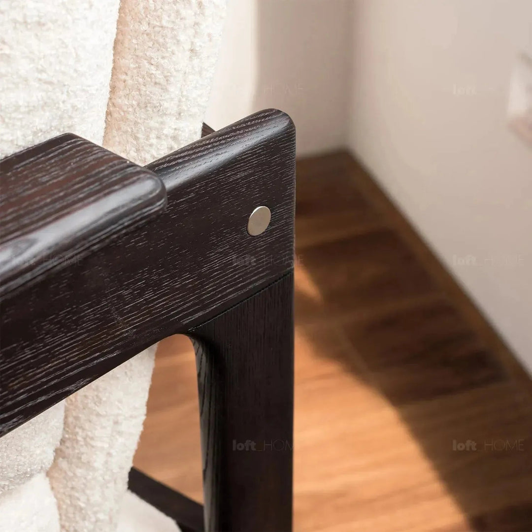 Japandi boucle fabric 1 seater sofa mview in panoramic view.