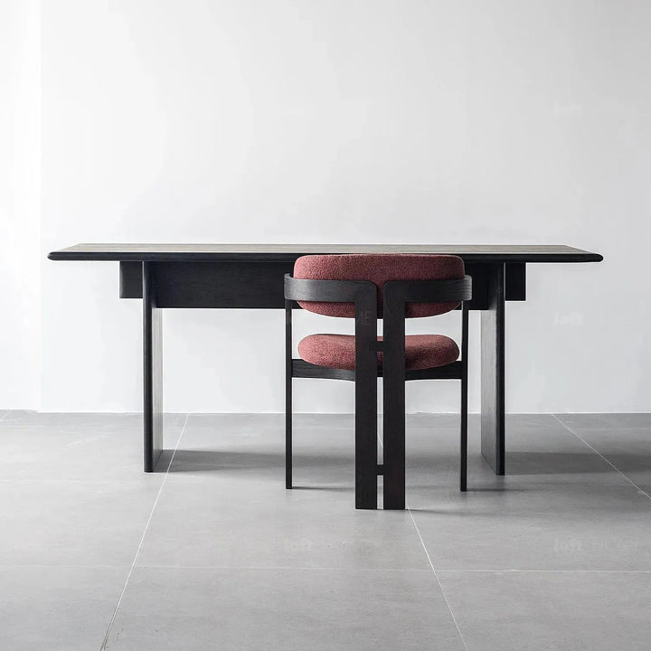 Japandi boucle fabric/leather dining chair semi circle in details.