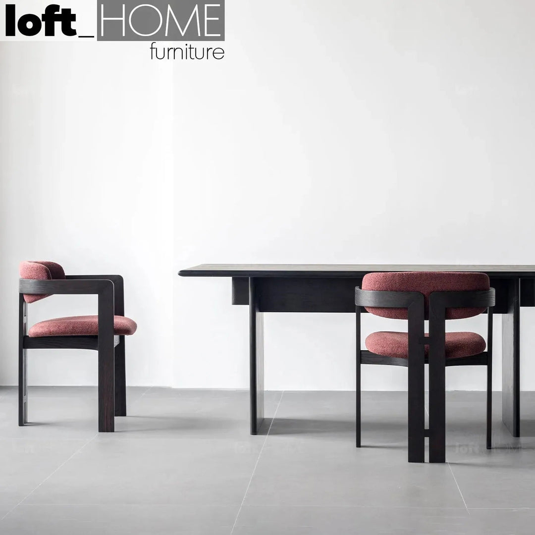 Japandi boucle fabric/leather dining chair semi circle primary product view.