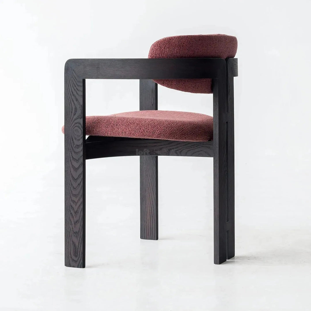 Japandi boucle fabric/leather dining chair semi circle in real life style.