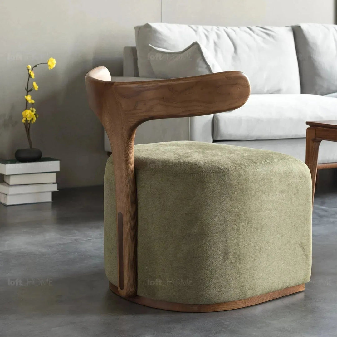 Japandi boucle fabric ottoman moby dick with context.