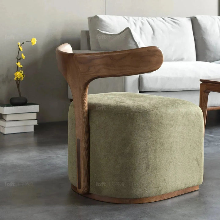 Japandi boucle fabric ottoman moby dick with context.