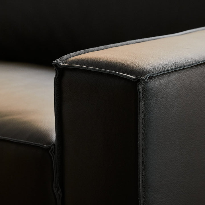 Japandi genuine leather 1 seater sofa river in panoramic view.