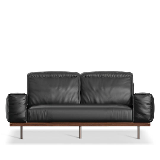 Japandi genuine leather 2 seater sofa river in white background.