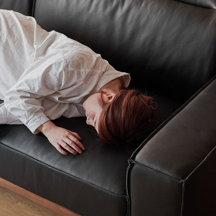 Japandi genuine leather 2 seater sofa river environmental situation.