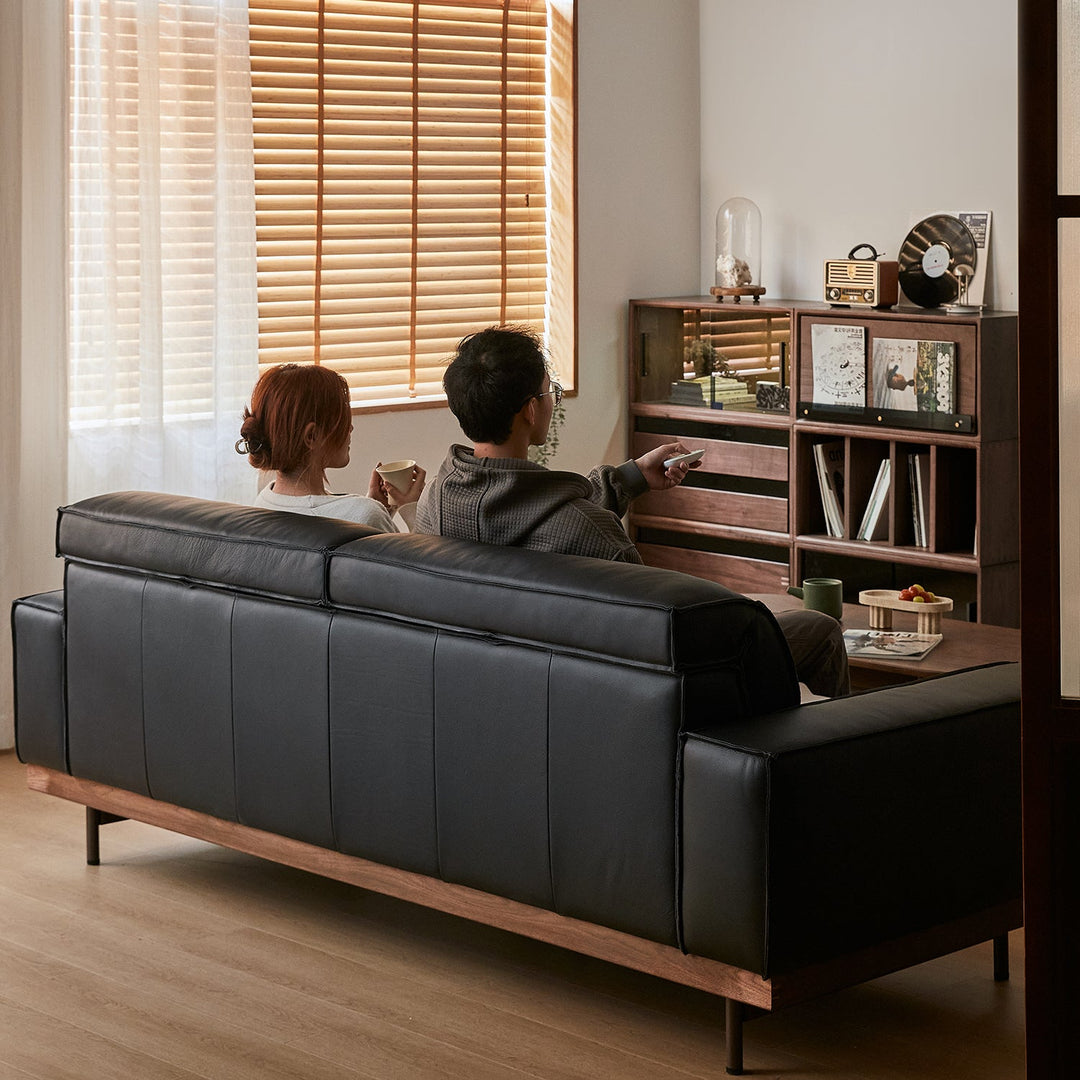 Japandi genuine leather 3 seater sofa river environmental situation.