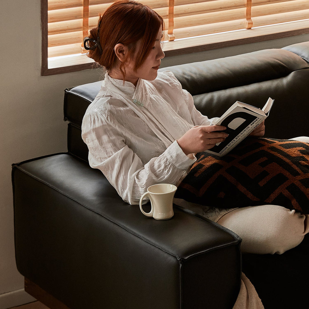 Japandi genuine leather l shape sofa 3+l  river with context.