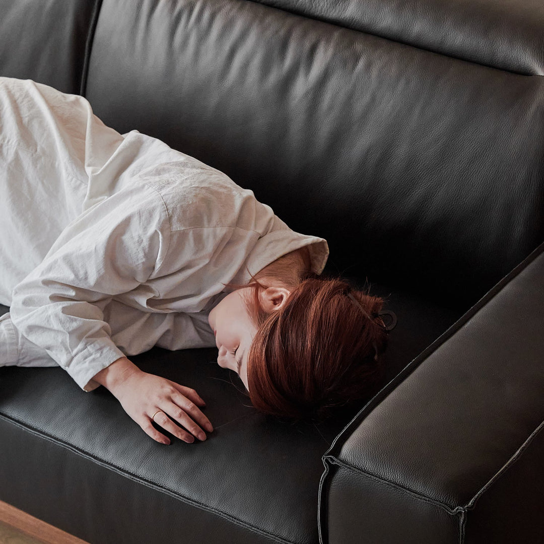 Japandi genuine leather l shape sofa 3+l  river in close up details.