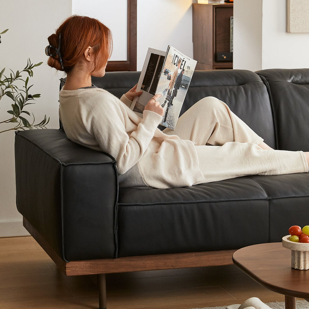 Japandi genuine leather l shape sofa 3+l  river in still life.