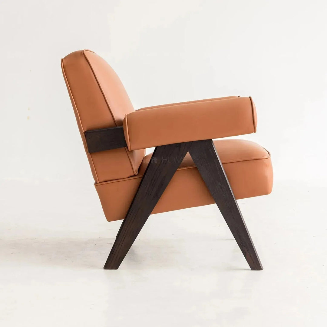 Japandi leather 1 seater sofa padded in close up details.