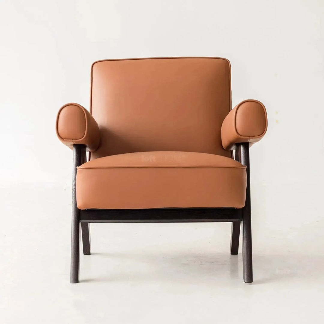 Japandi leather 1 seater sofa padded with context.