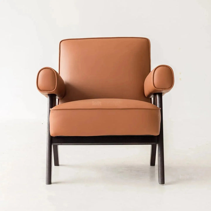 Japandi leather 1 seater sofa padded with context.