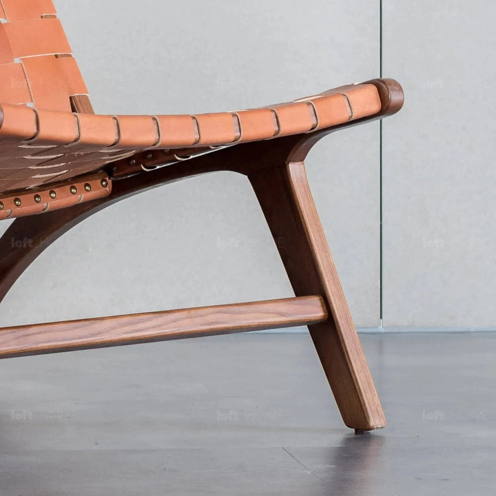 Japandi leather 1 seater sofa tanner in panoramic view.