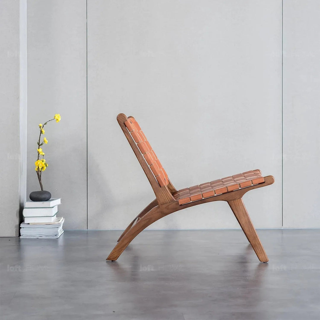 Japandi leather 1 seater sofa tanner in real life style.