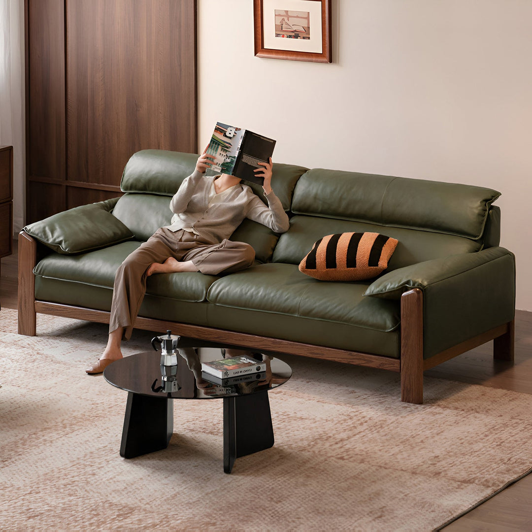 Japandi oak wood genuine leather 3 seater sofa kape primary product view.