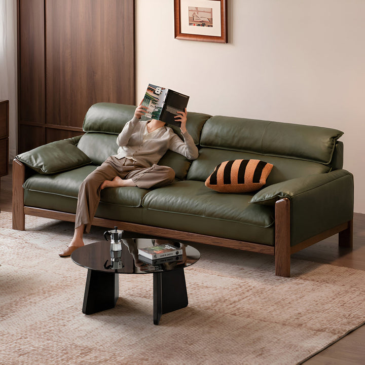 Japandi oak wood genuine leather 3 seater sofa kape primary product view.