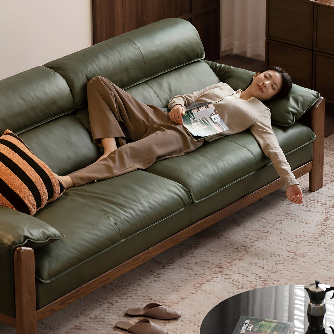 Japandi oak wood genuine leather 3 seater sofa kape color swatches.