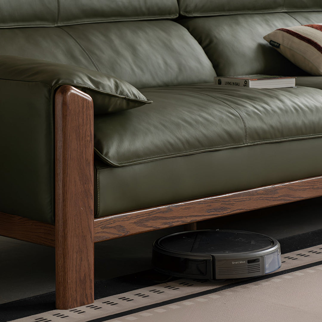 Japandi oak wood genuine leather 3 seater sofa kape in panoramic view.