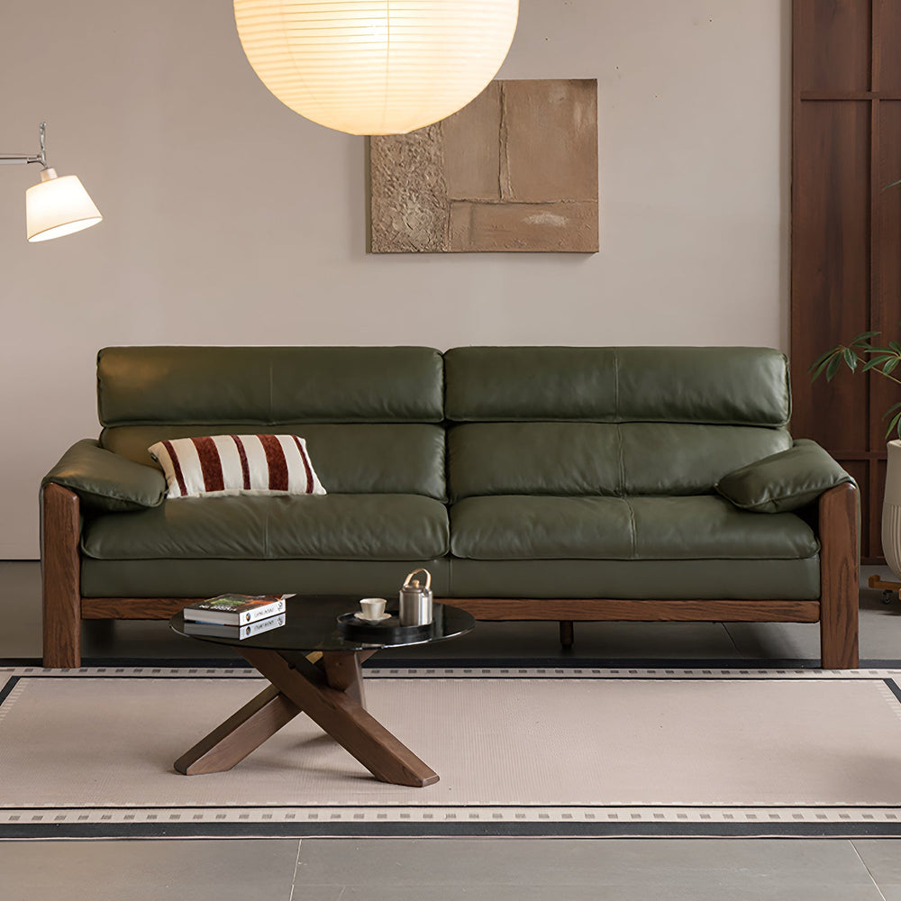 Japandi oak wood genuine leather 4 seater sofa kape size charts.