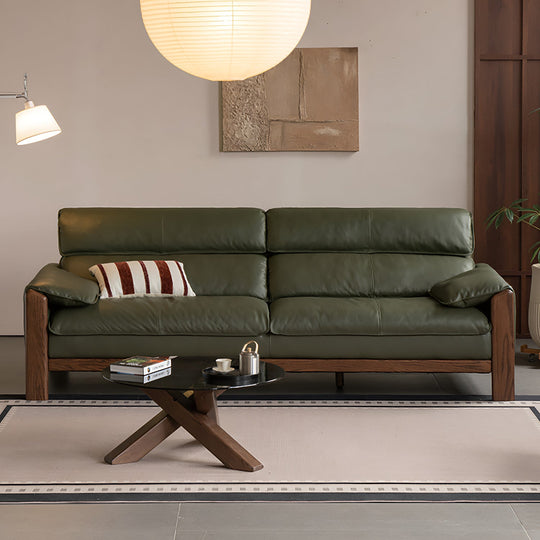 Japandi oak wood genuine leather 4 seater sofa kape size charts.