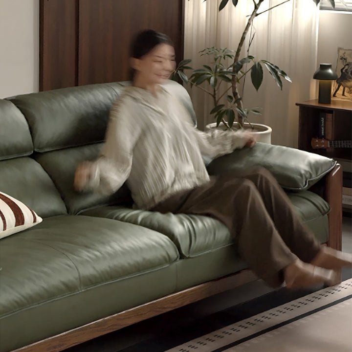 Japandi oak wood genuine leather 4 seater sofa kape in real life style.